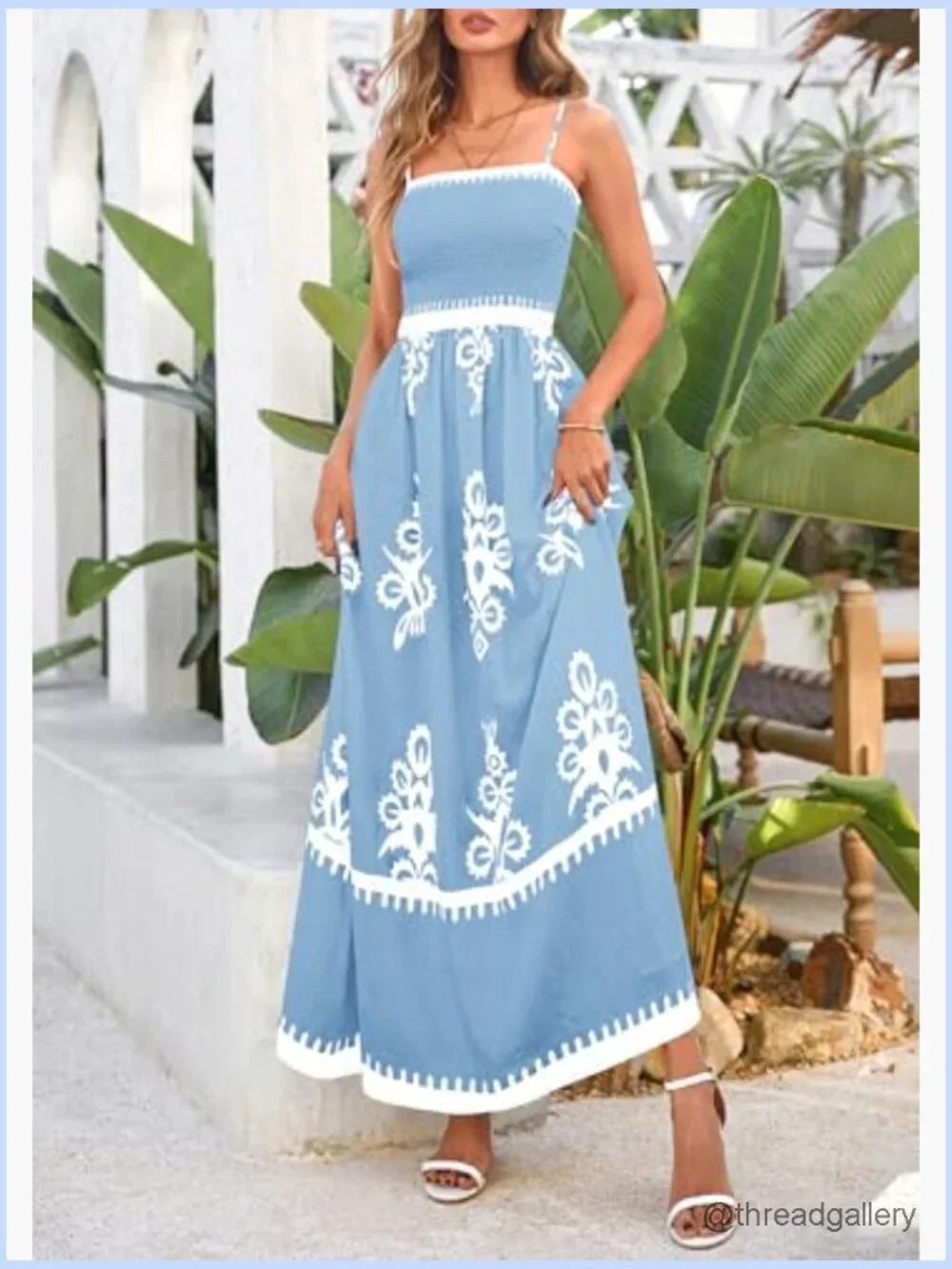 Women's Floral Maxi Dress Spaghetti Strap Smocked A-Line Sundress - Picture 3 of 7